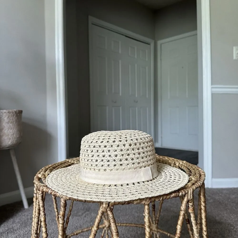 Free People Beige Crochet Woven Straw Sun Hat One Size Summer Beach